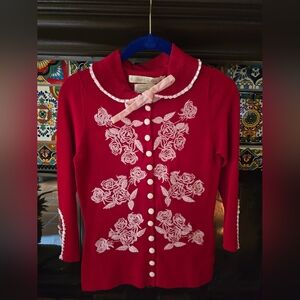 Red Cardigan with White Floral Embroidery